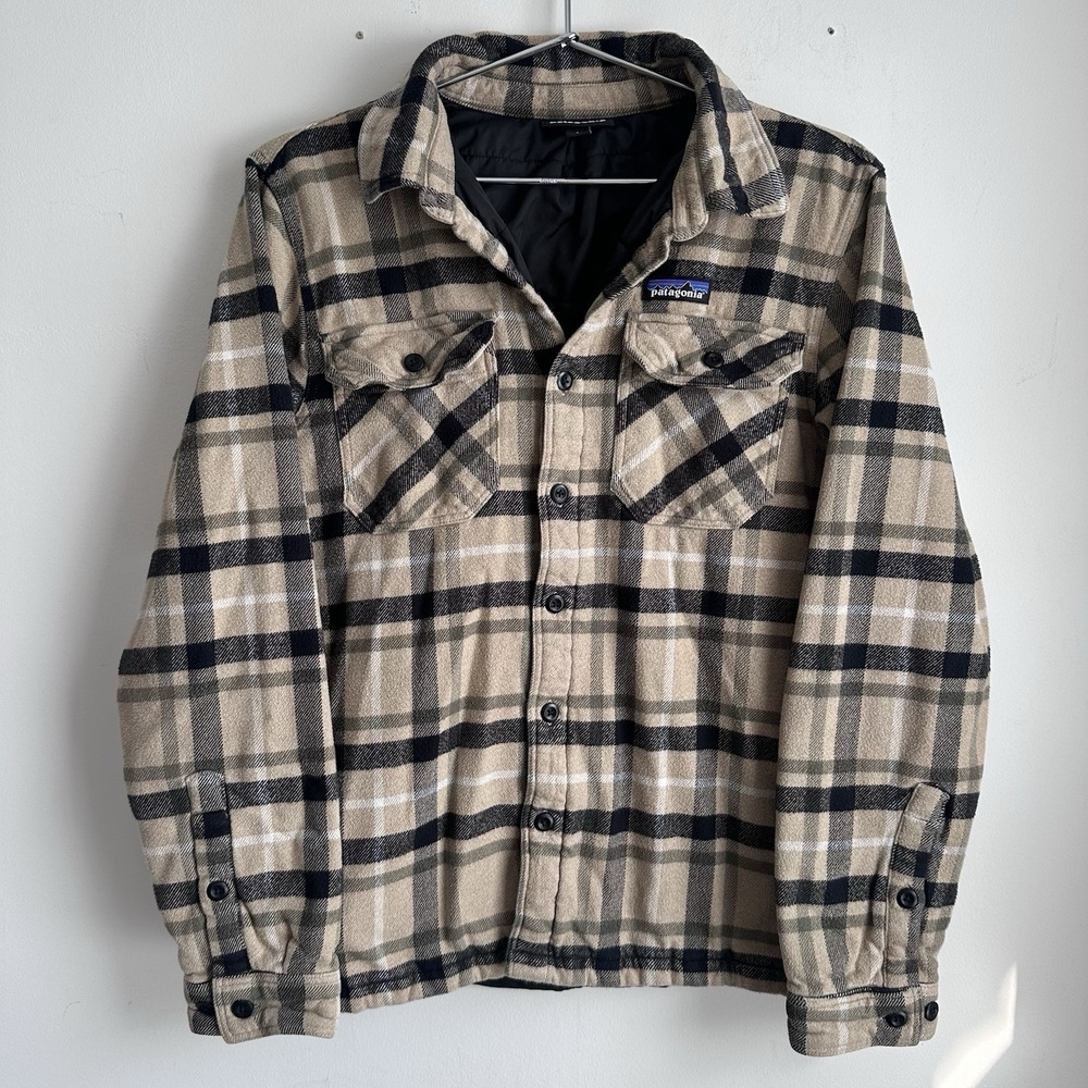 Patagonia Insulated Fjord Plaid Flannel Jacket Small Tan Fall Gorpcore Granola